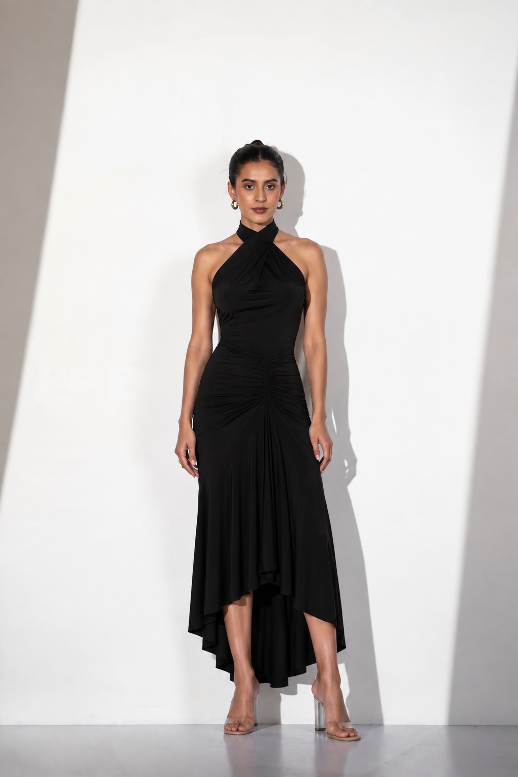 Black Halter Draped Asymmetric Maxi Dress