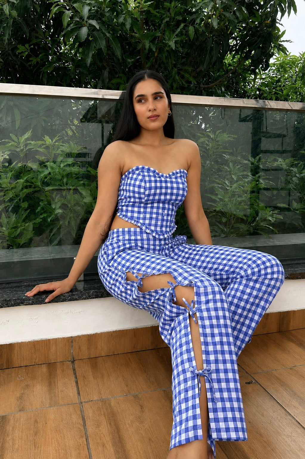 Blue Gingham Top and Wide-Leg Pants Co-Ord Set