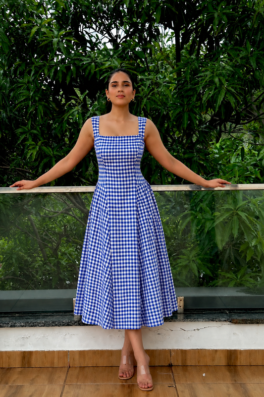 Blue Gingham Cotton Midi Dress