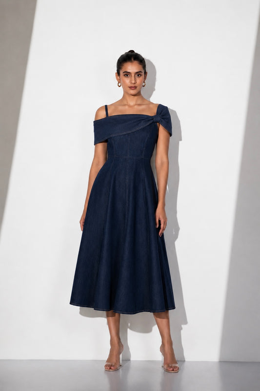 Indigo Drape Denim Midi Dress