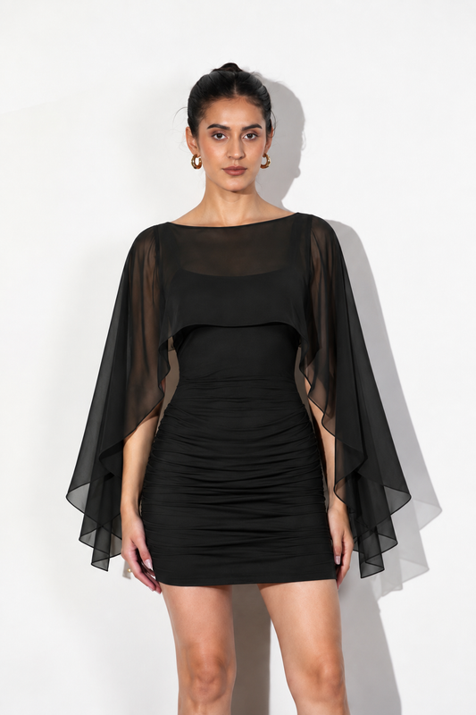 Black Ruched Mini Dress with Georgette Cape