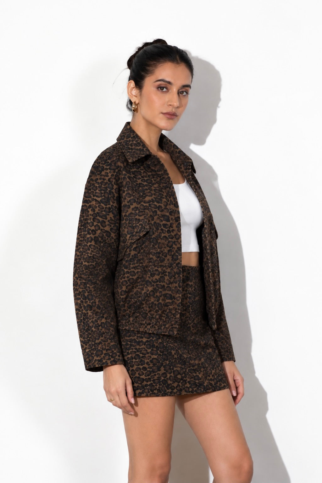 Cheetah Print Denim Jacket & Skirt Set