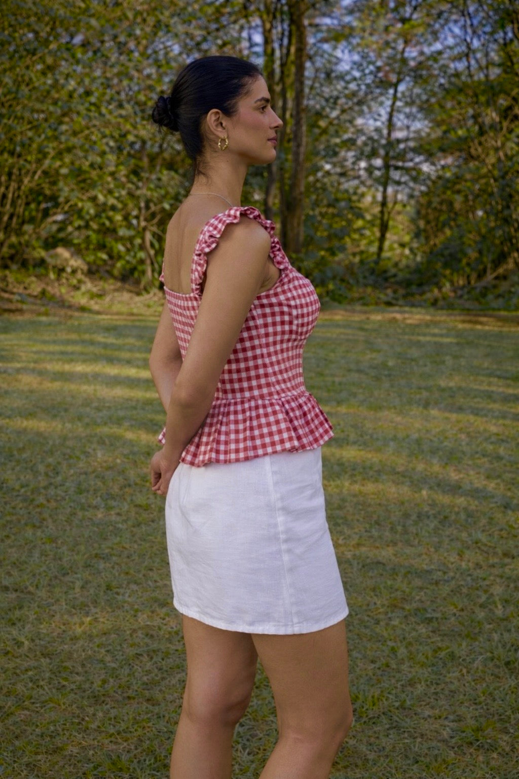 Red and White Gingham Top Paired with a Classic White Mini Skirt