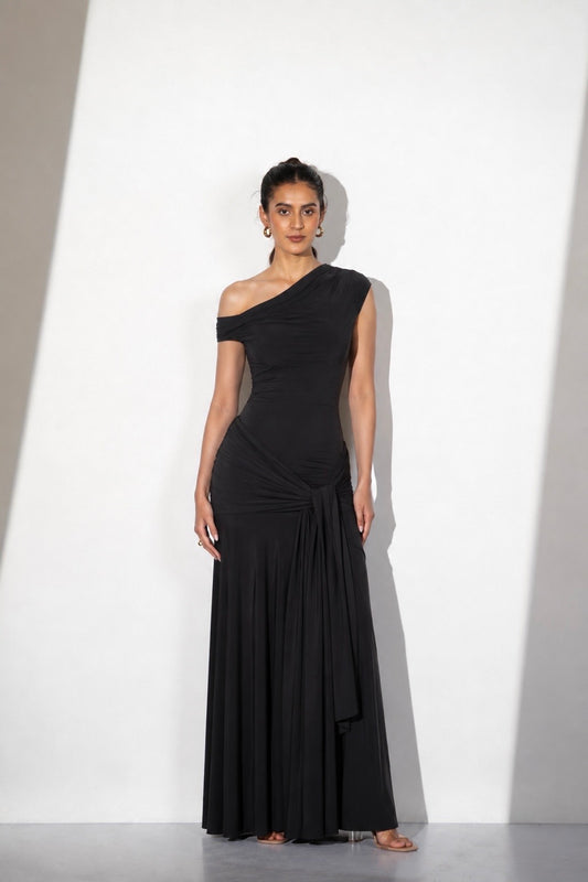 Black One-Shoulder Draped Maxi Dress
