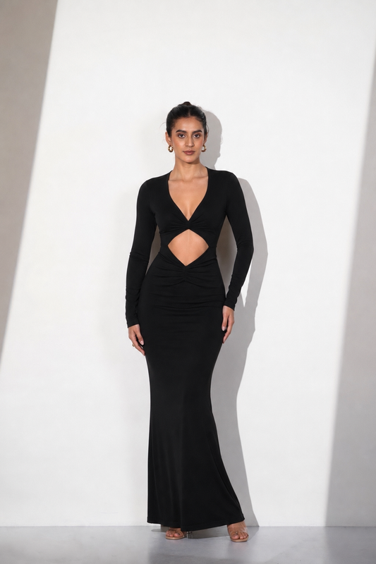 Black Cut-Out Long-Sleeve Maxi Dress