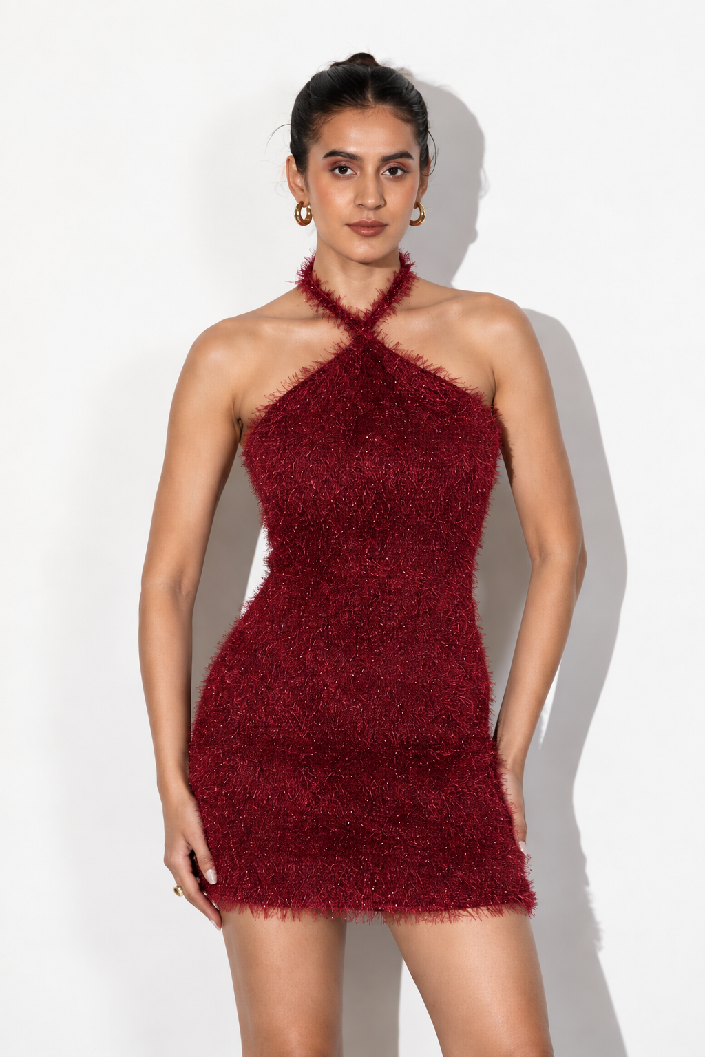 Maroon Fuzzy Halter Mini Dress