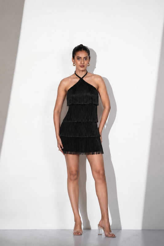 Black Halter Fringe Mini Dress