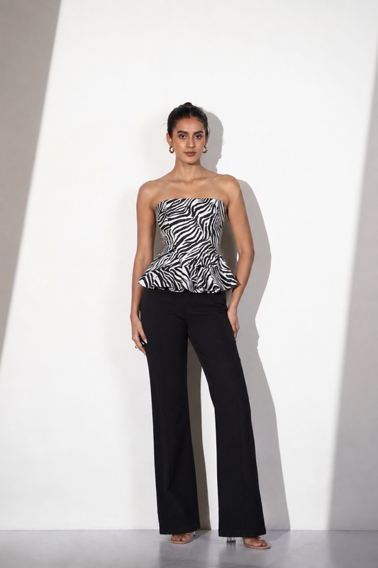 Zebra Print Satin Peplum Top and Black Trousers Co-Ord Set