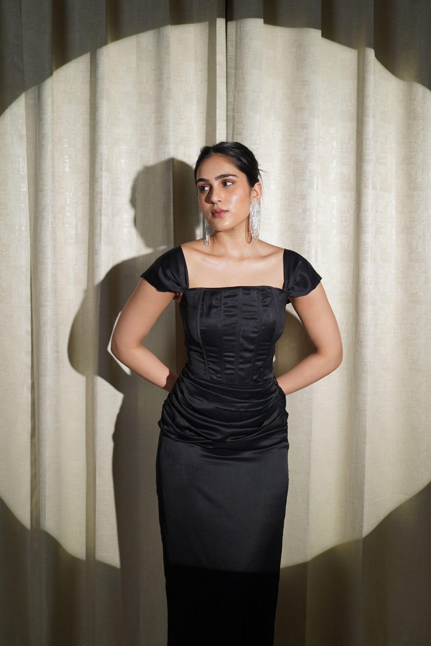 MIDNIGHT MAGIC - BLACK CORSET-STYLE TOP AND A LONG, GATHERED DETAILING SKIRT