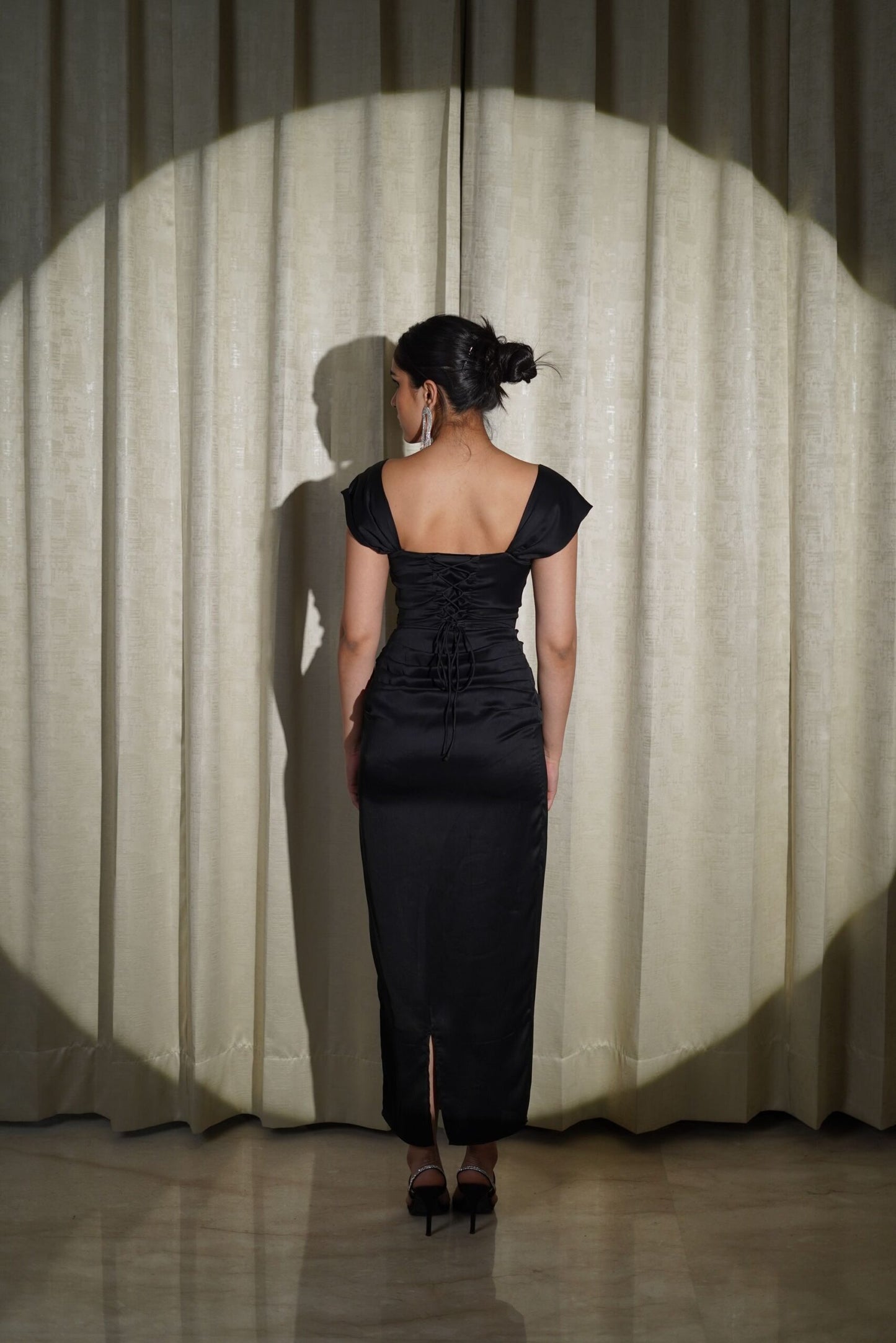 MIDNIGHT MAGIC - BLACK CORSET-STYLE TOP AND A LONG, GATHERED DETAILING SKIRT