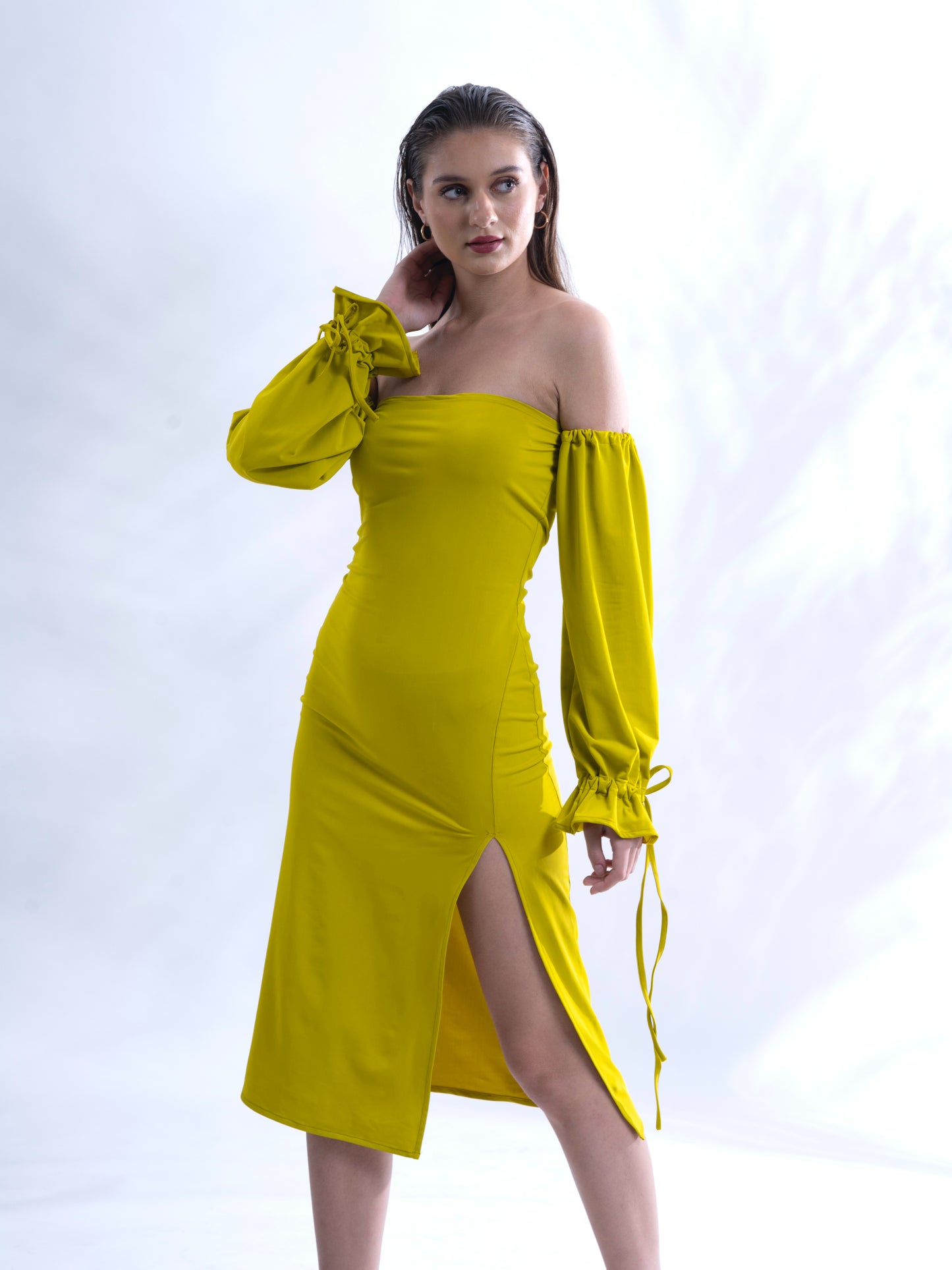 OBSESSED - Lime colour bodycon slit dress