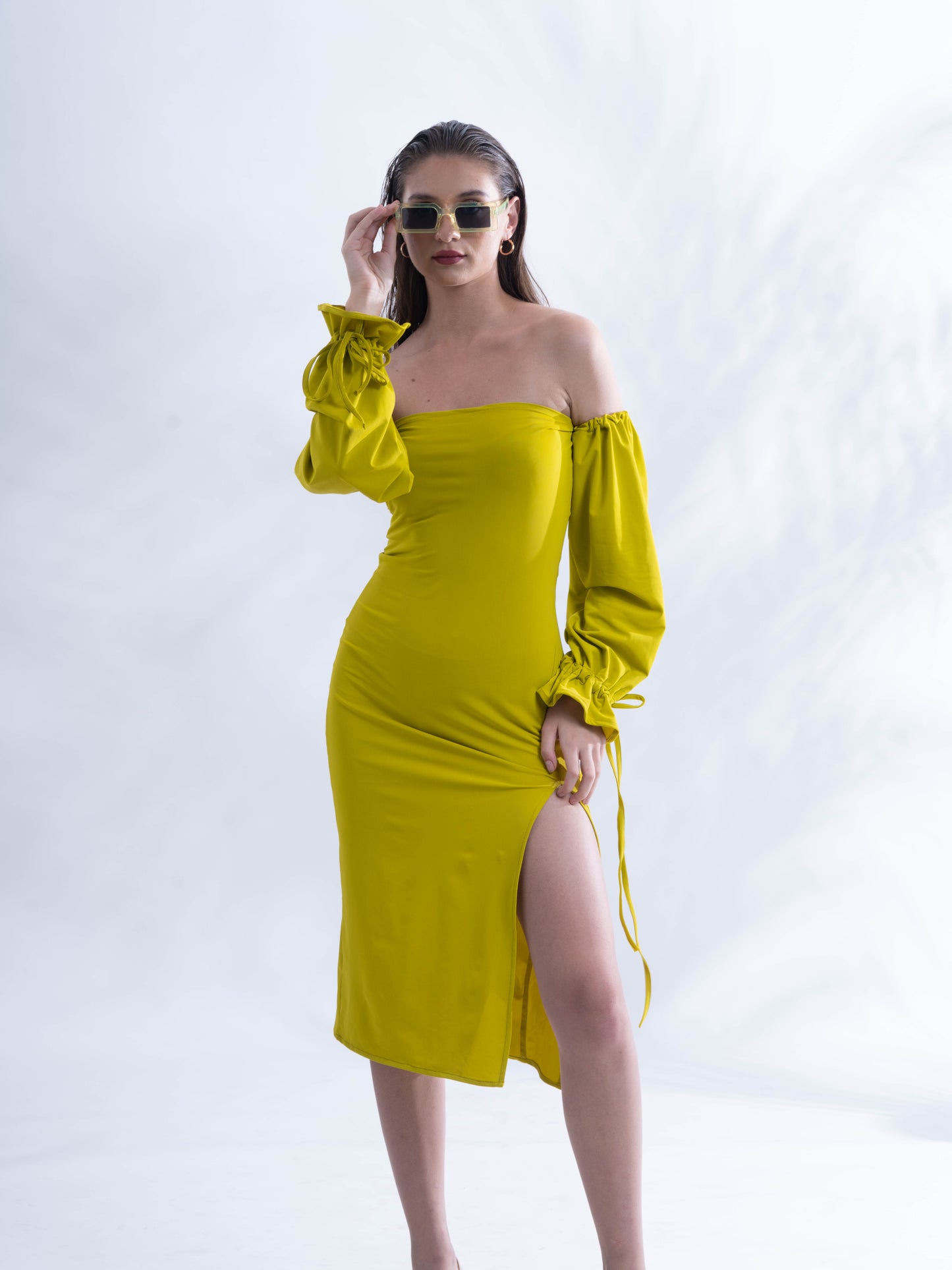 OBSESSED - Lime colour bodycon slit dress