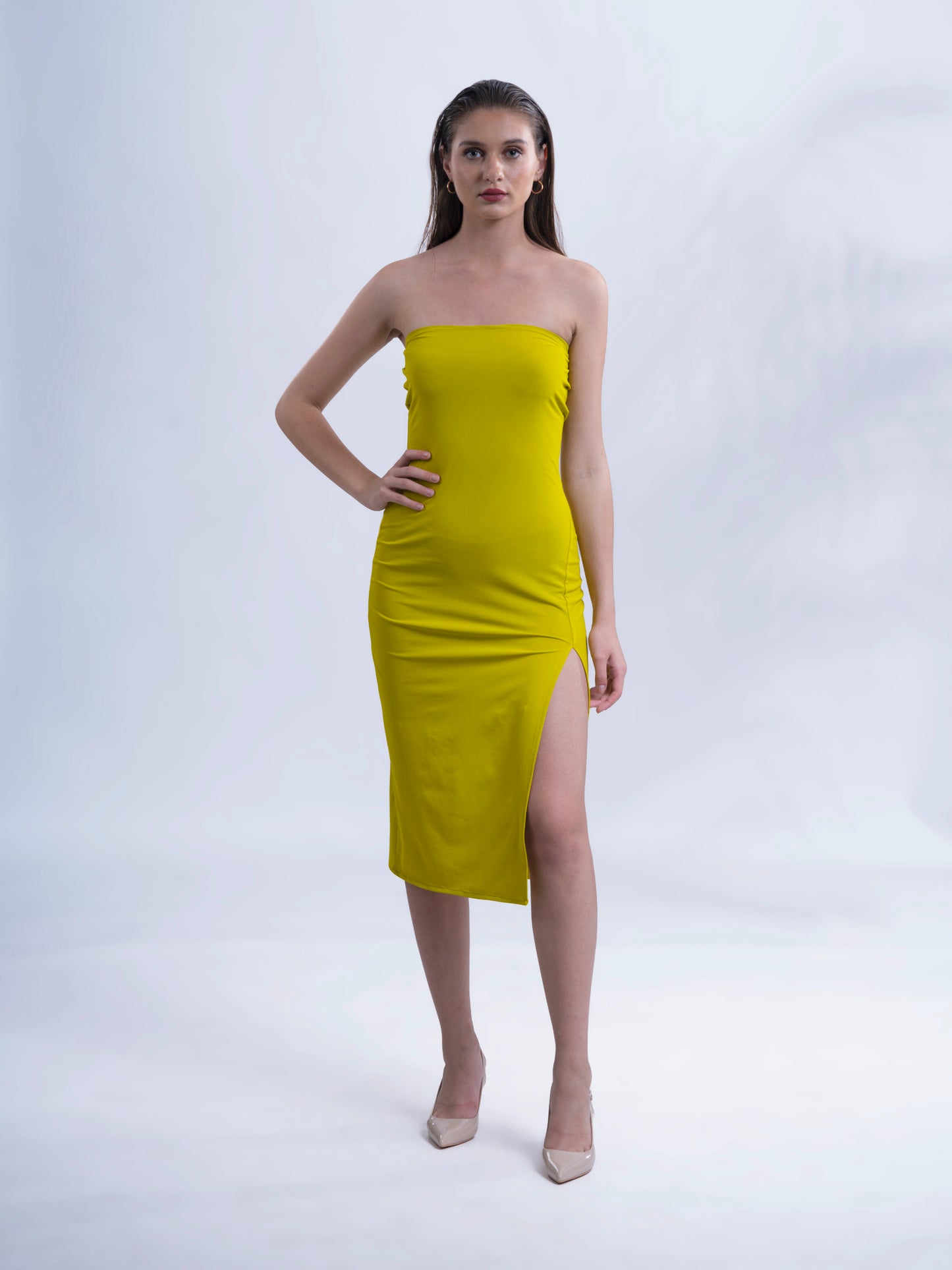 OBSESSED - Lime colour bodycon slit dress