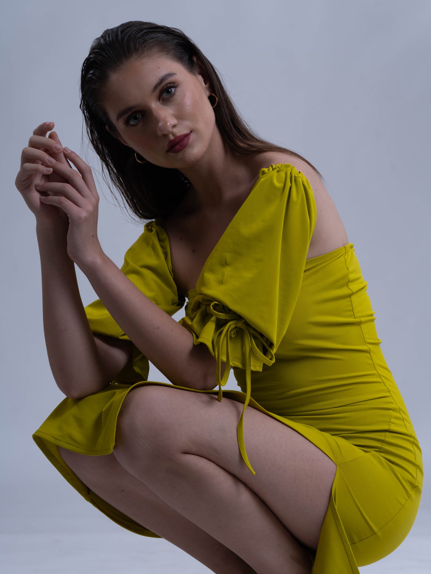 OBSESSED - Lime colour bodycon slit dress