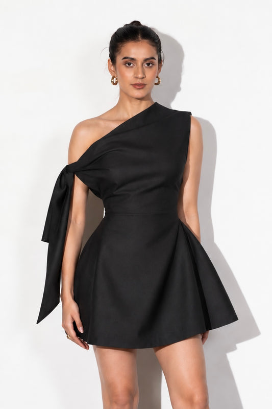 Black One-Shoulder Bow Mini Dress