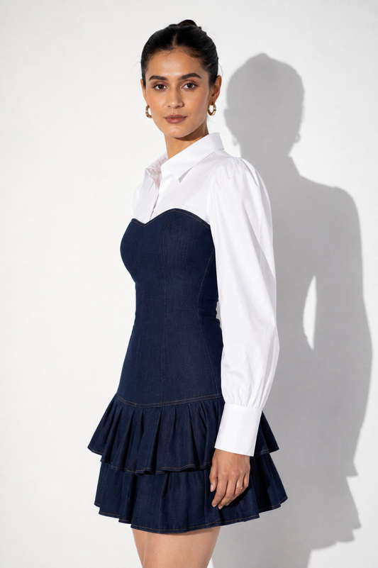 Navy Denim Corset Shirt Mini Dress