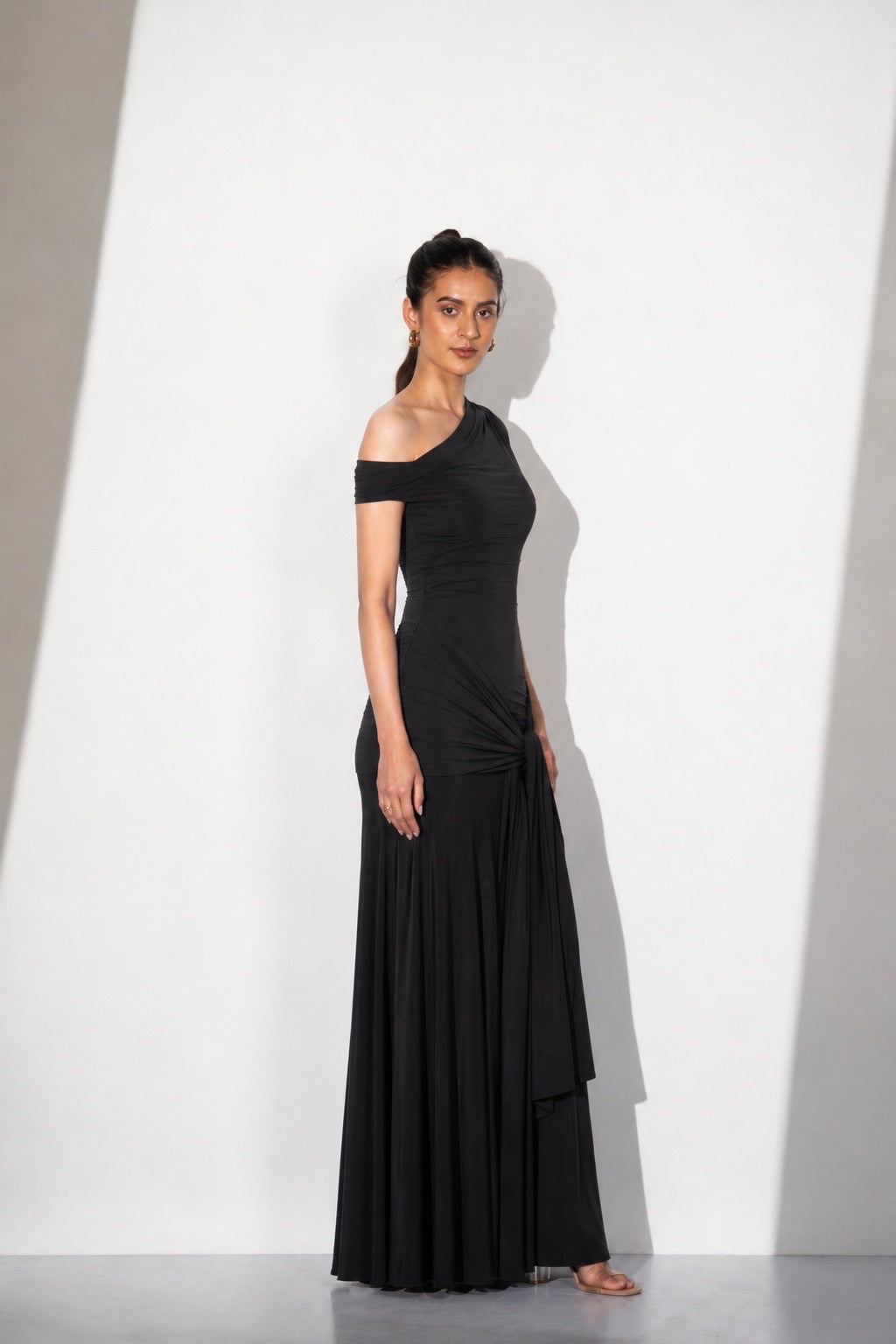 Black One-Shoulder Draped Maxi Dress