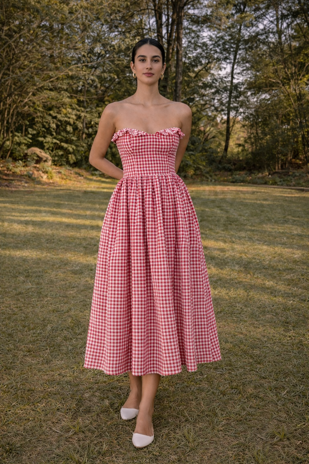 Red Gingham Midi Dress