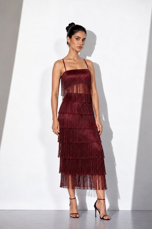 Maroon Fringe Crepe Co-Ord Set