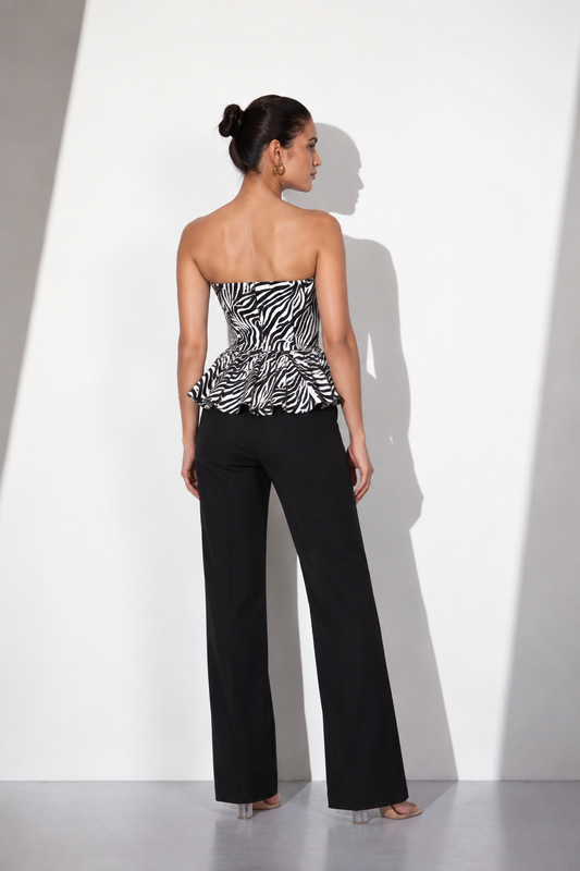 Zebra Print Satin Peplum Top and Black Trousers Co-Ord Set