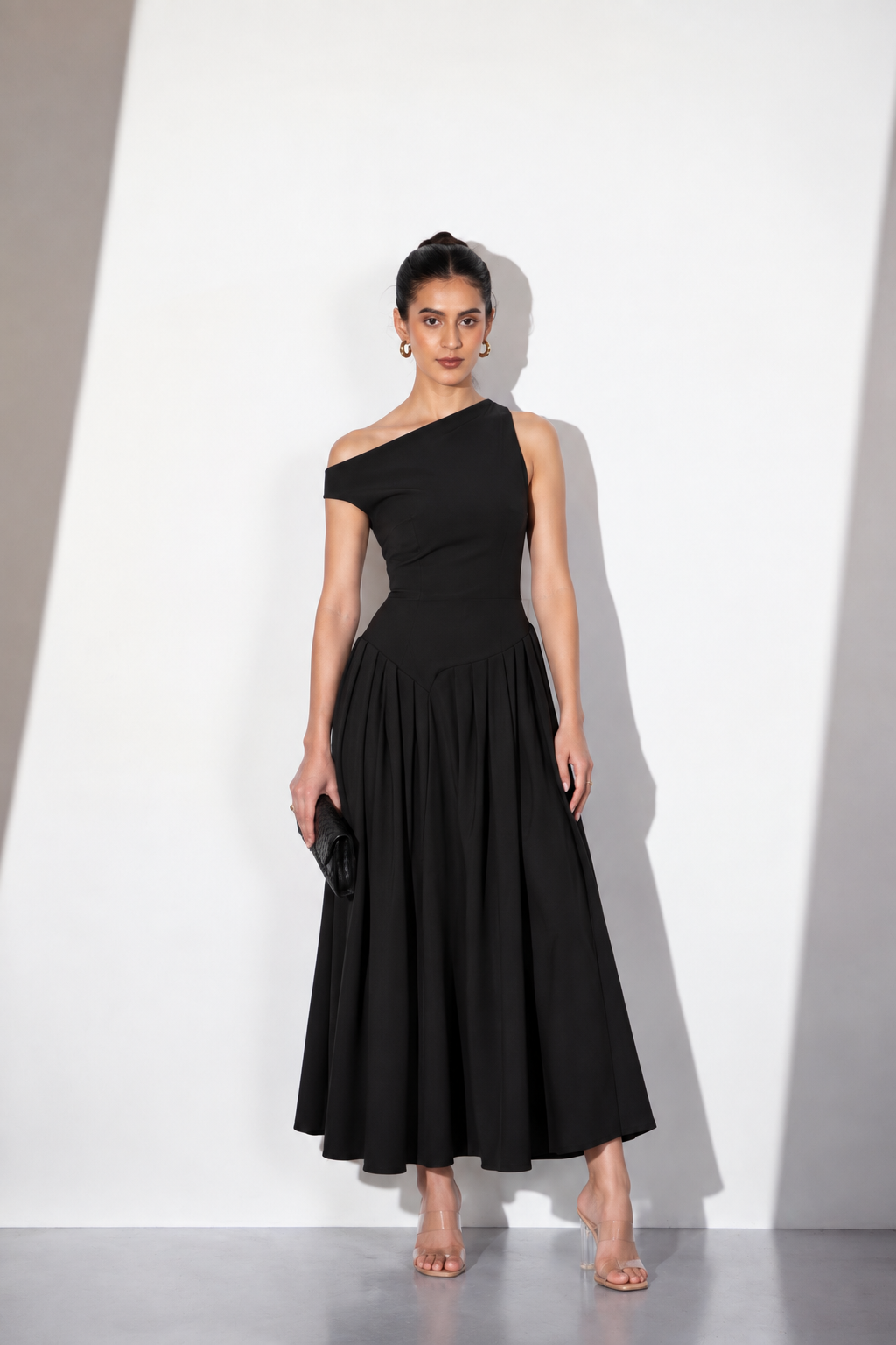 Black One-Shoulder Pleated Midi Dress