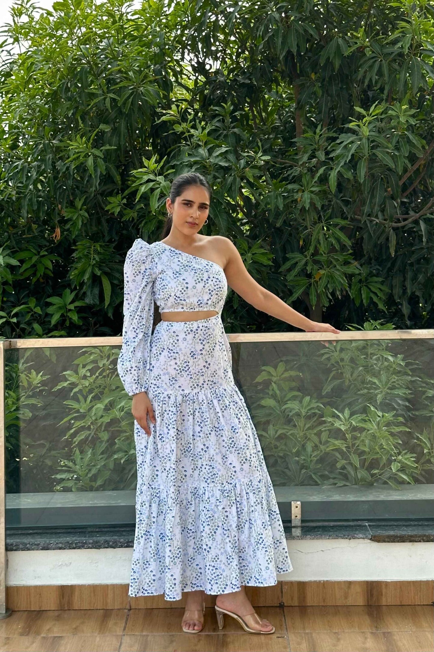 MARIAN - One shoulder, waist cutout Printed dress