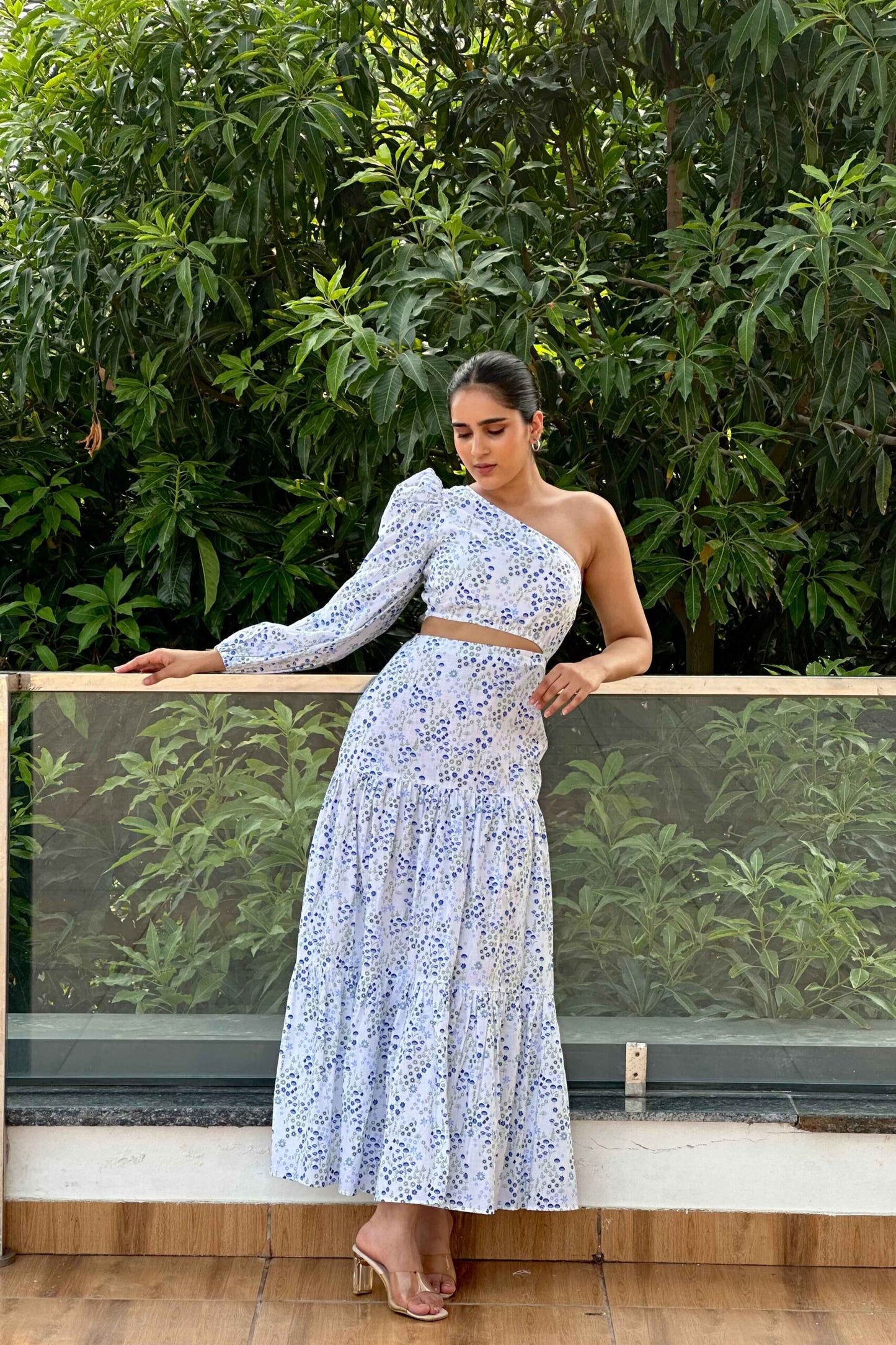 MARIAN - One shoulder, waist cutout Printed dress