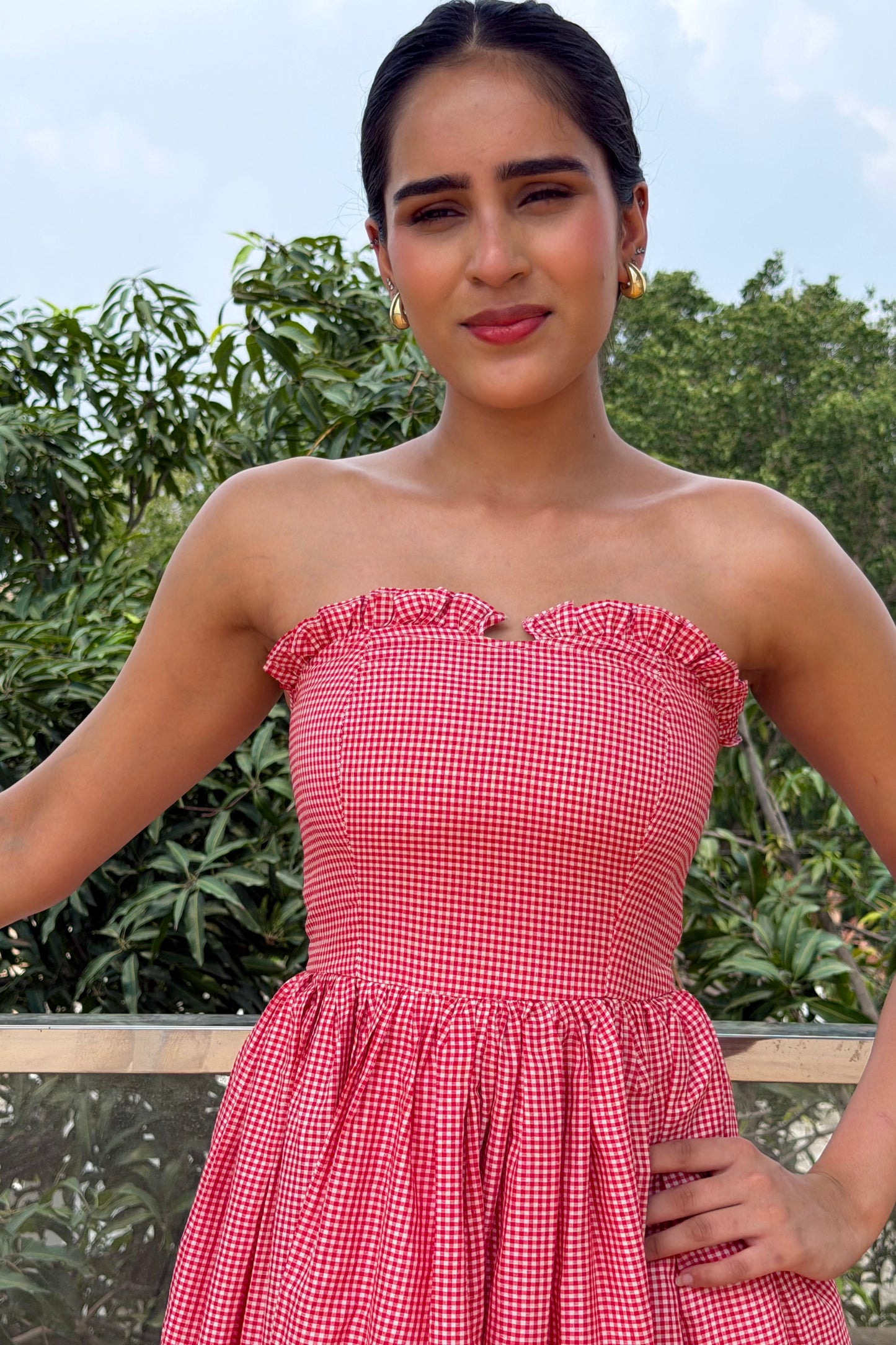 Red Gingham Midi Dress