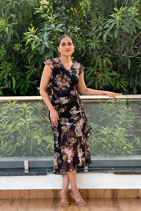 NIGHTINGALE - Printed Black Frill dress