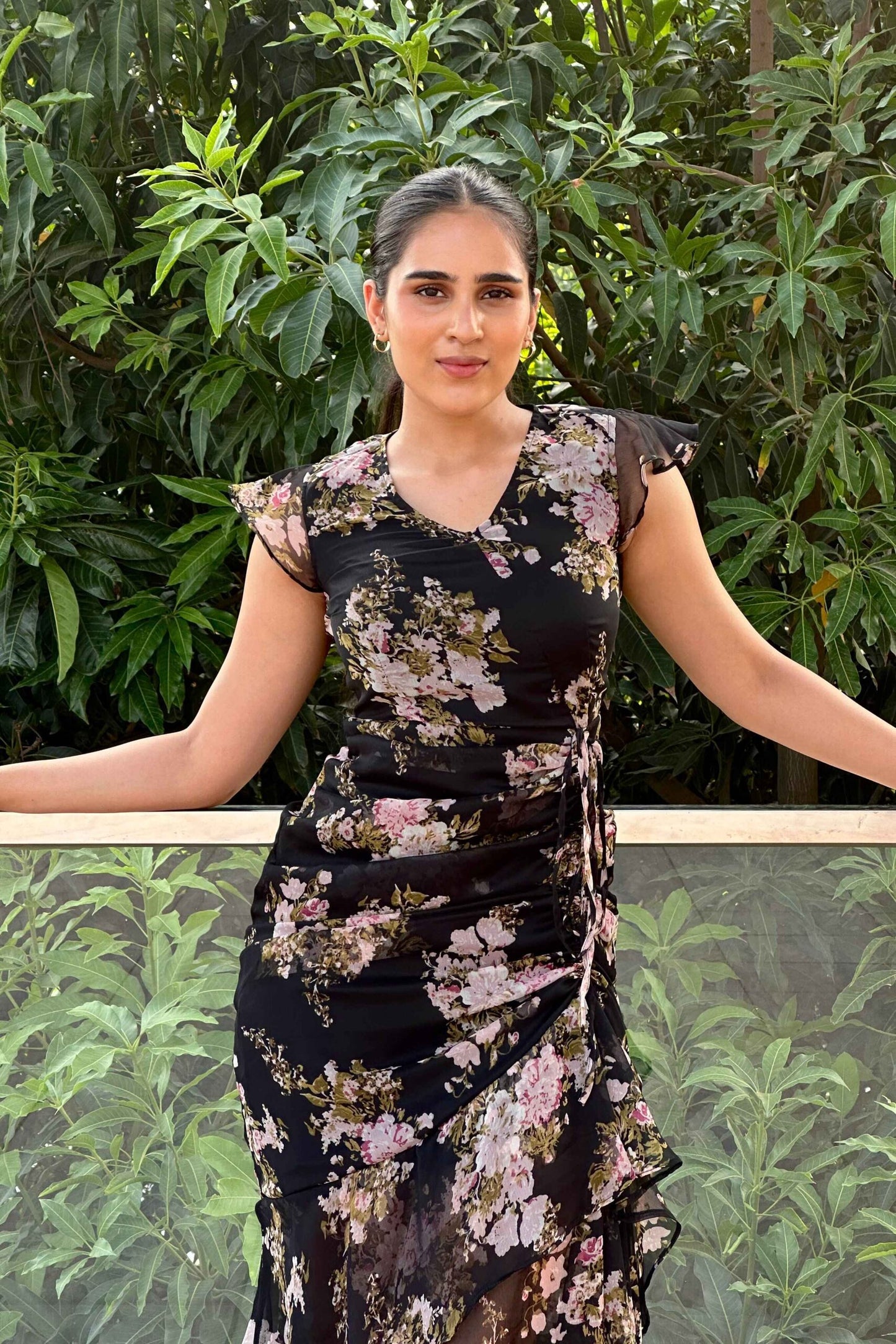 NIGHTINGALE - Printed Black Frill dress