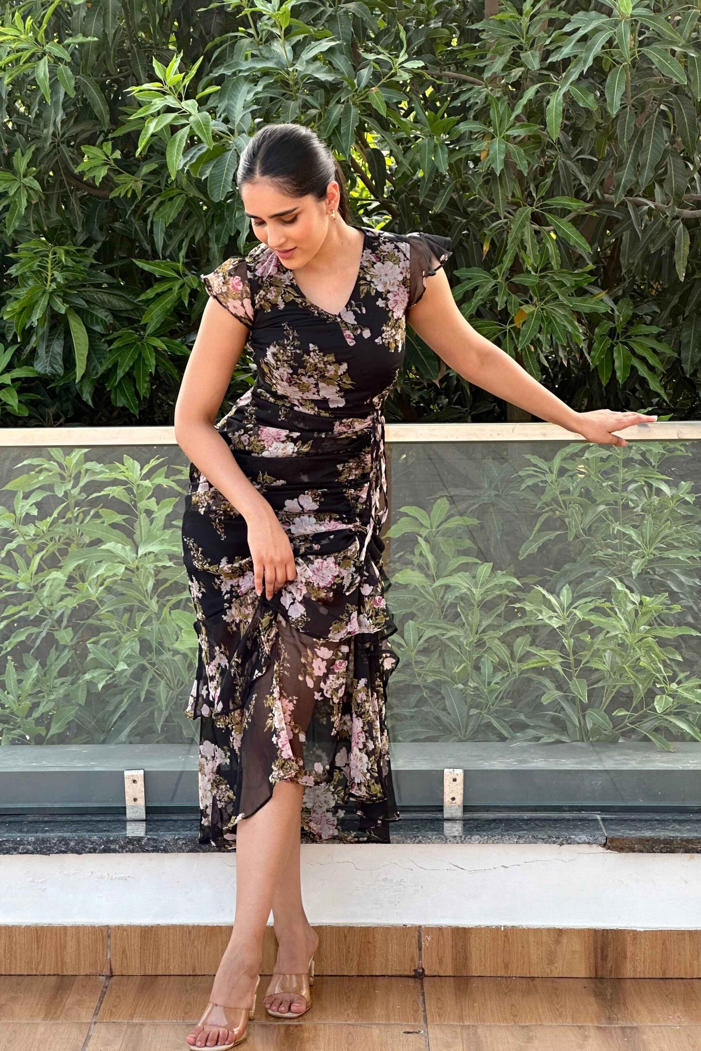 NIGHTINGALE - Printed Black Frill dress