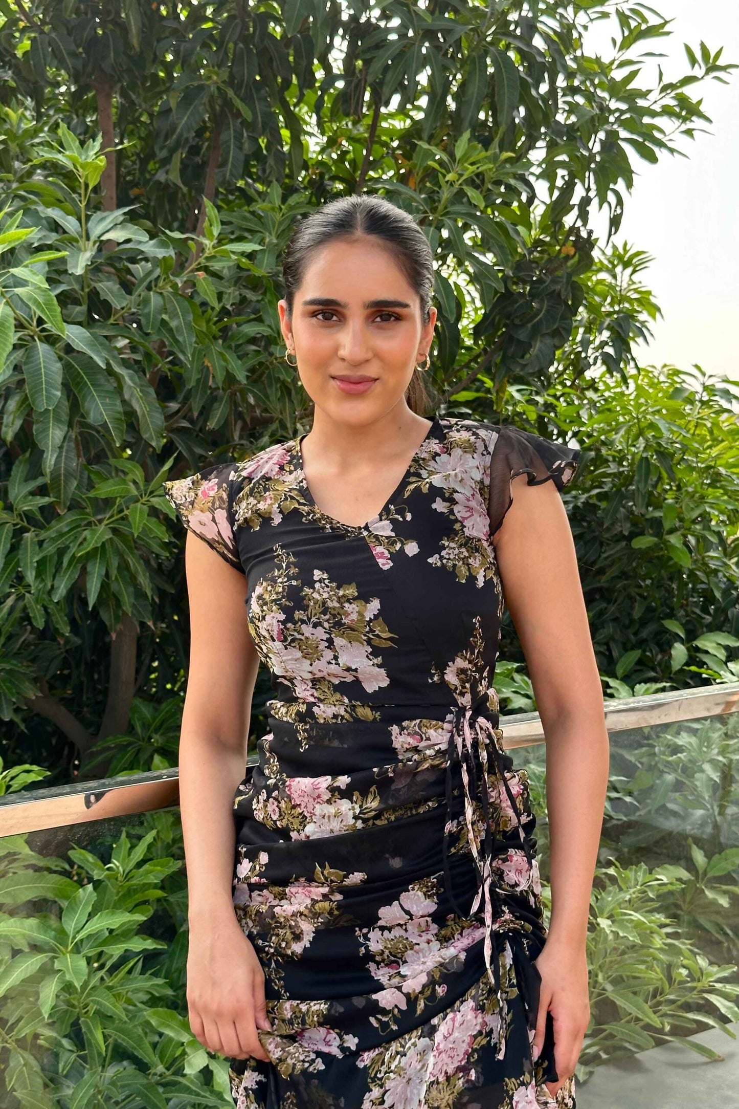 NIGHTINGALE - Printed Black Frill dress