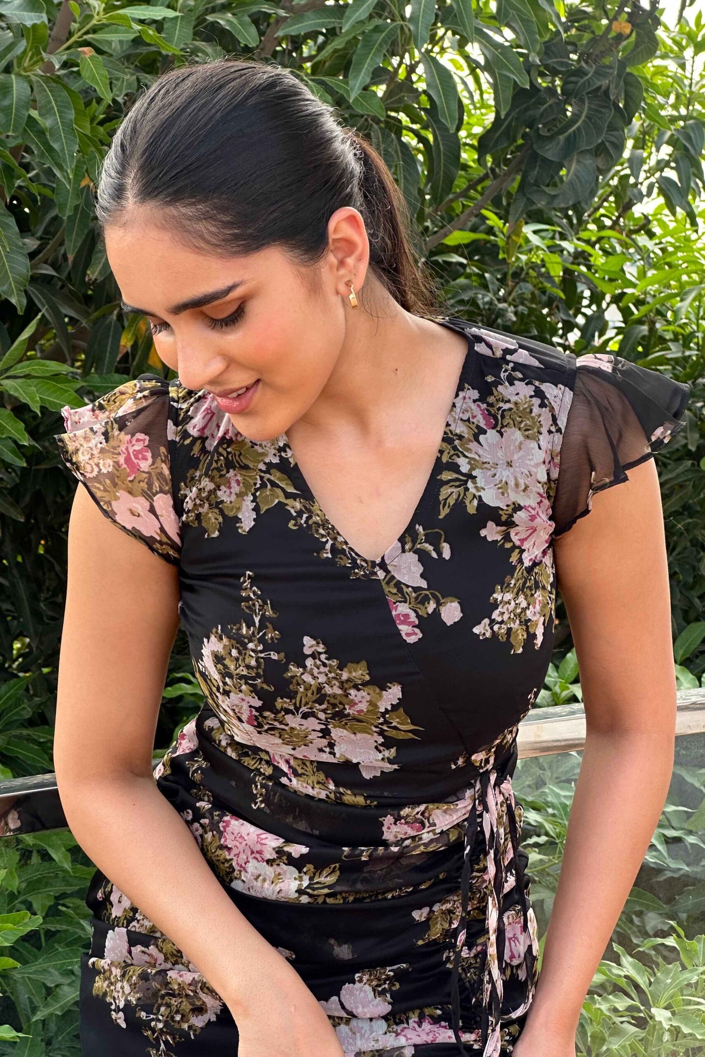 NIGHTINGALE - Printed Black Frill dress