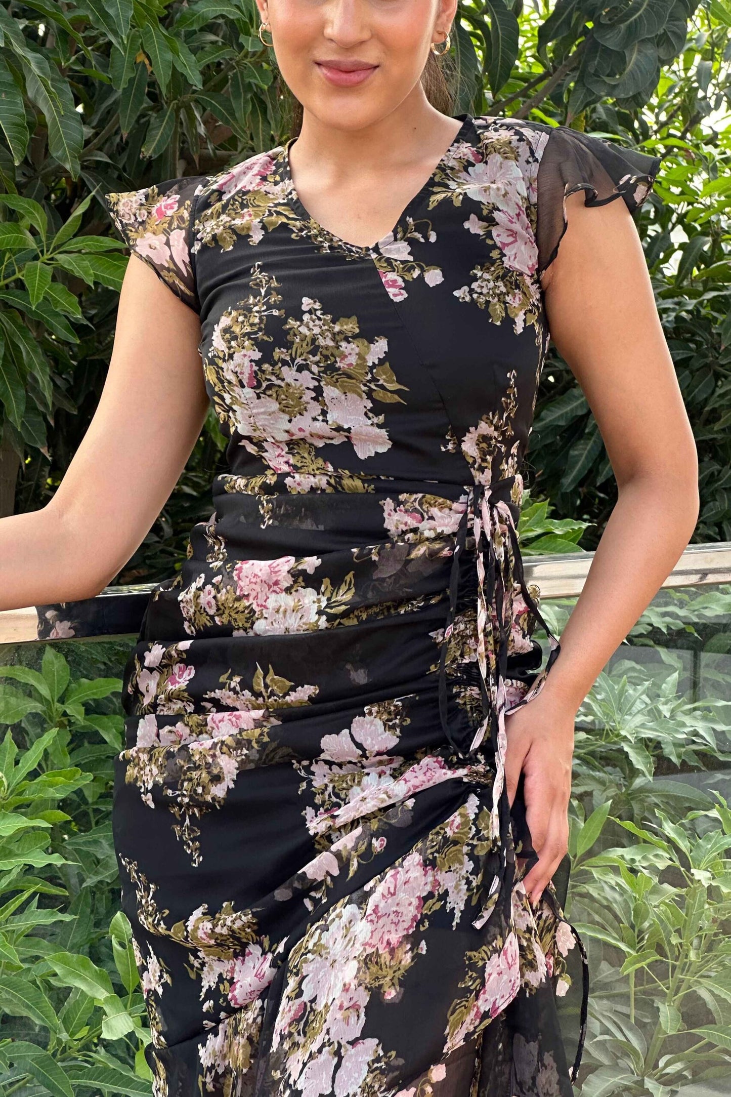 NIGHTINGALE - Printed Black Frill dress