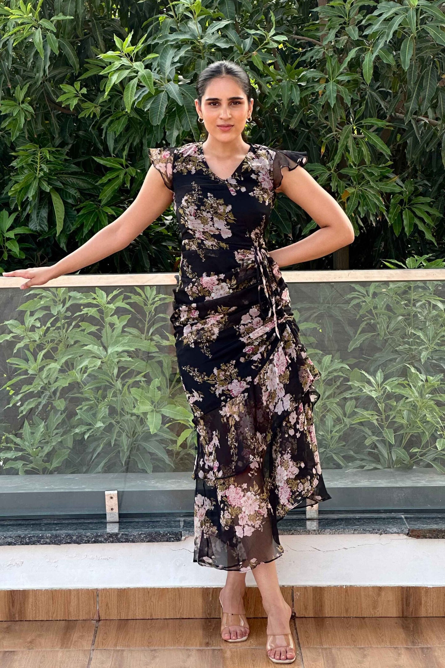 NIGHTINGALE - Printed Black Frill dress