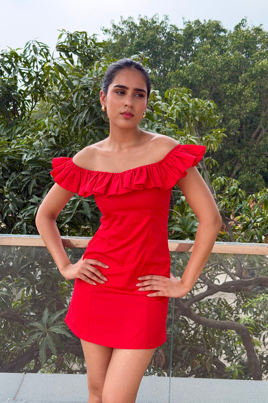 Scarlet Ruffle Cotton Mini Dress