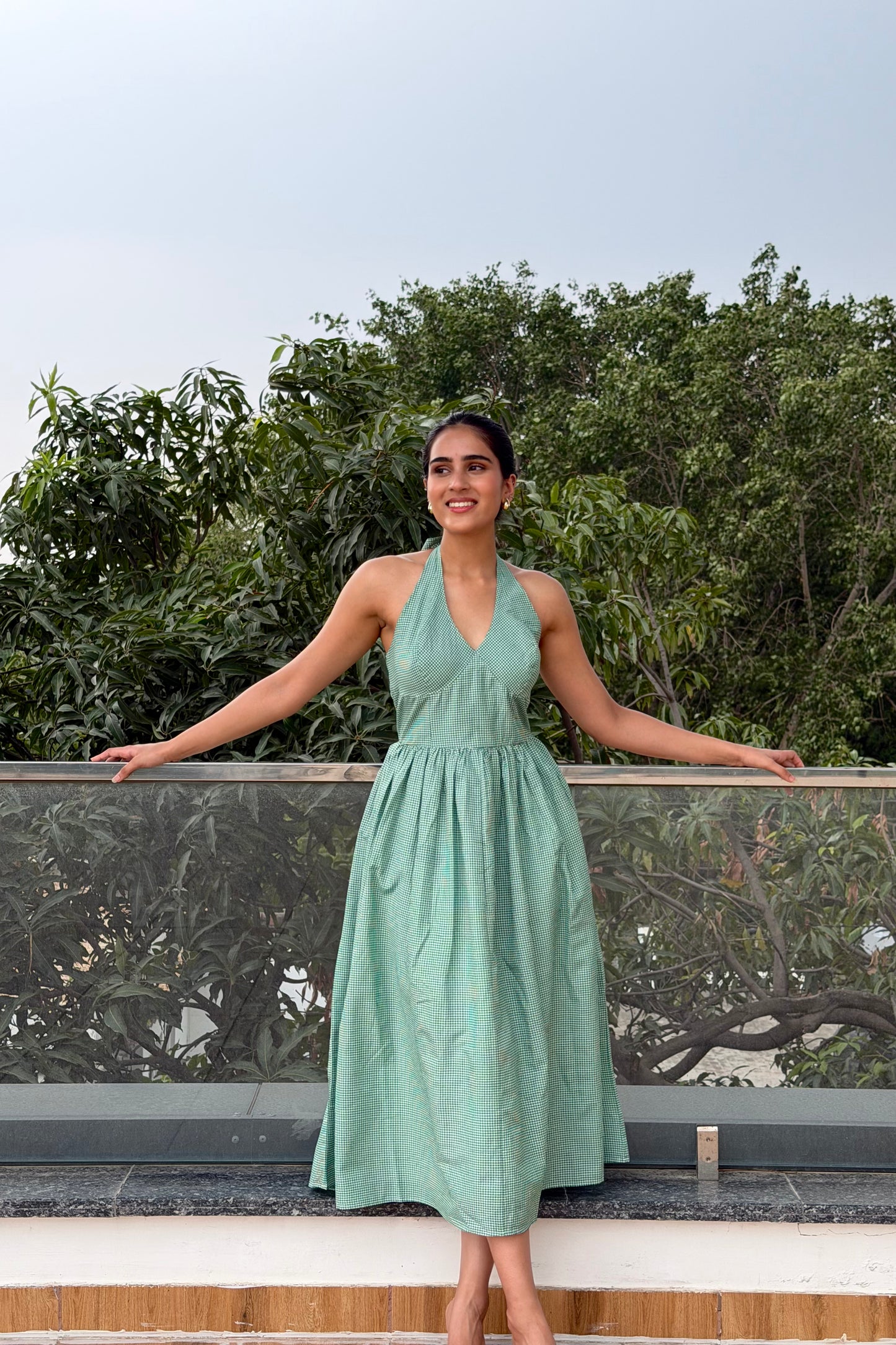 Green Gingham Halter Midi Dress