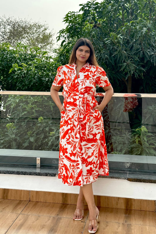 PRETTY ORANGE -  Printed cotton Shirt dress
