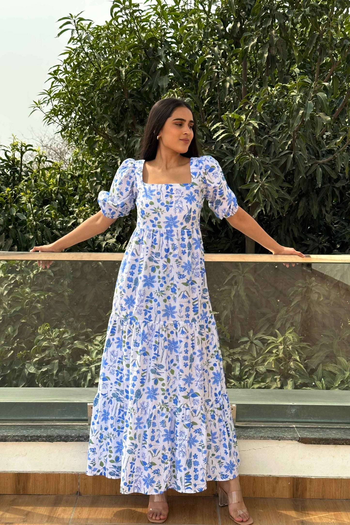 BLUE DAISY - Cotton Blue Print Flared Dress