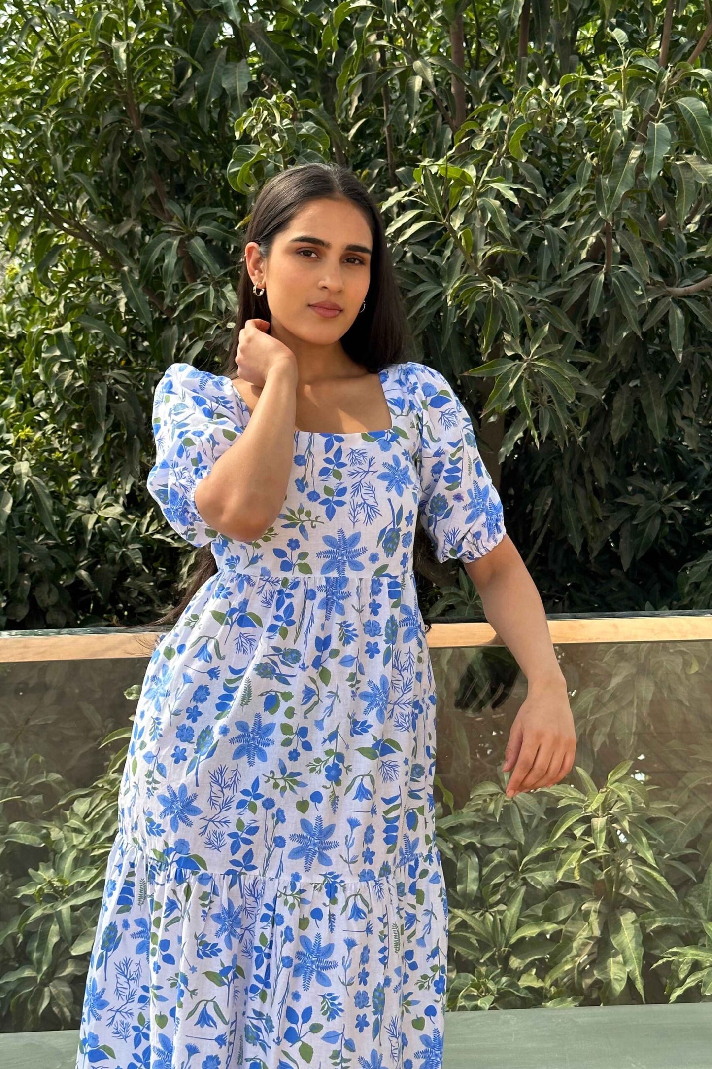 BLUE DAISY - Cotton Blue Print Flared Dress