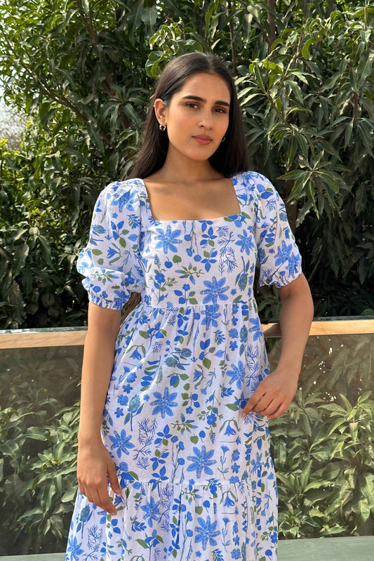BLUE DAISY - Cotton Blue Print Flared Dress