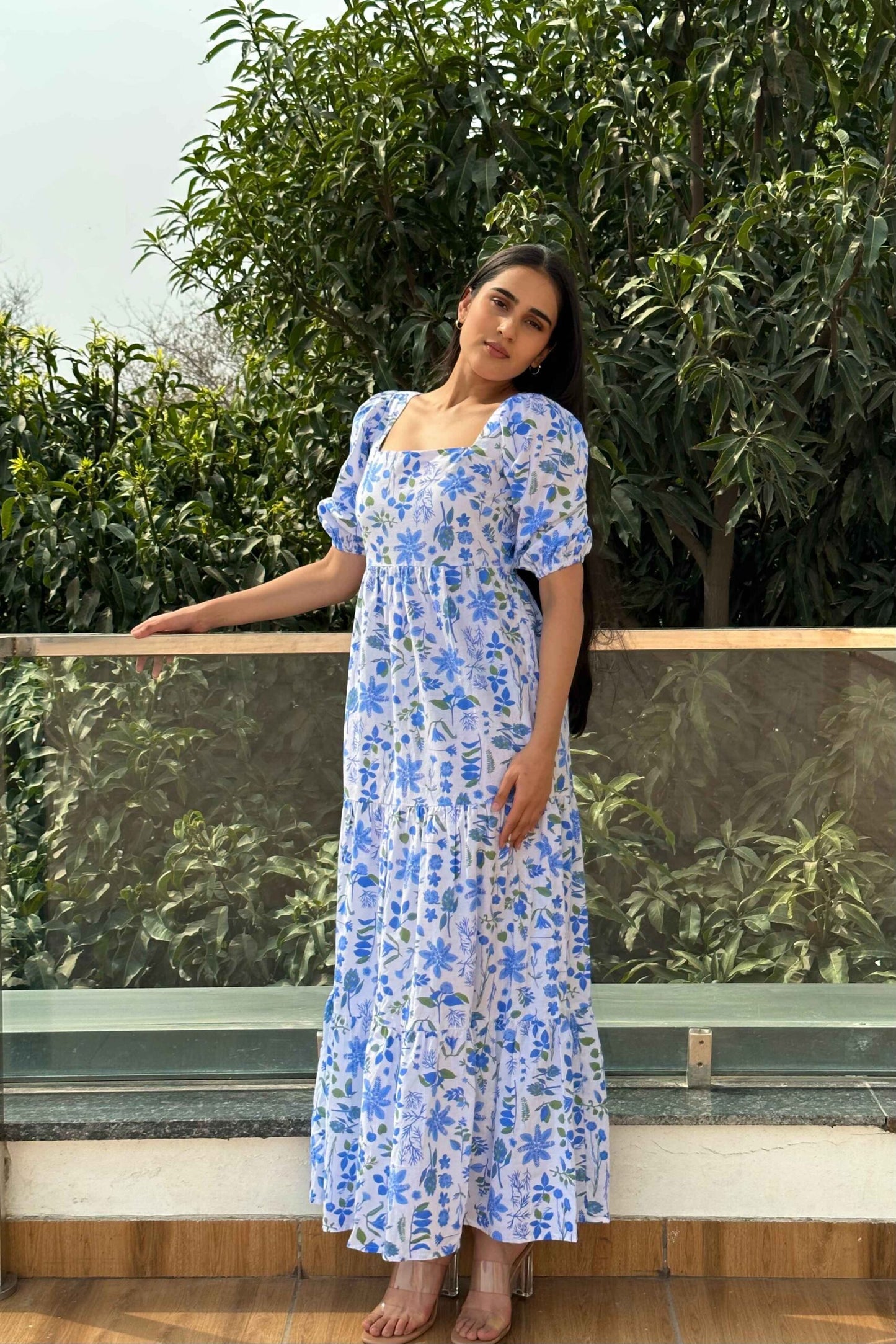 BLUE DAISY - Cotton Blue Print Flared Dress