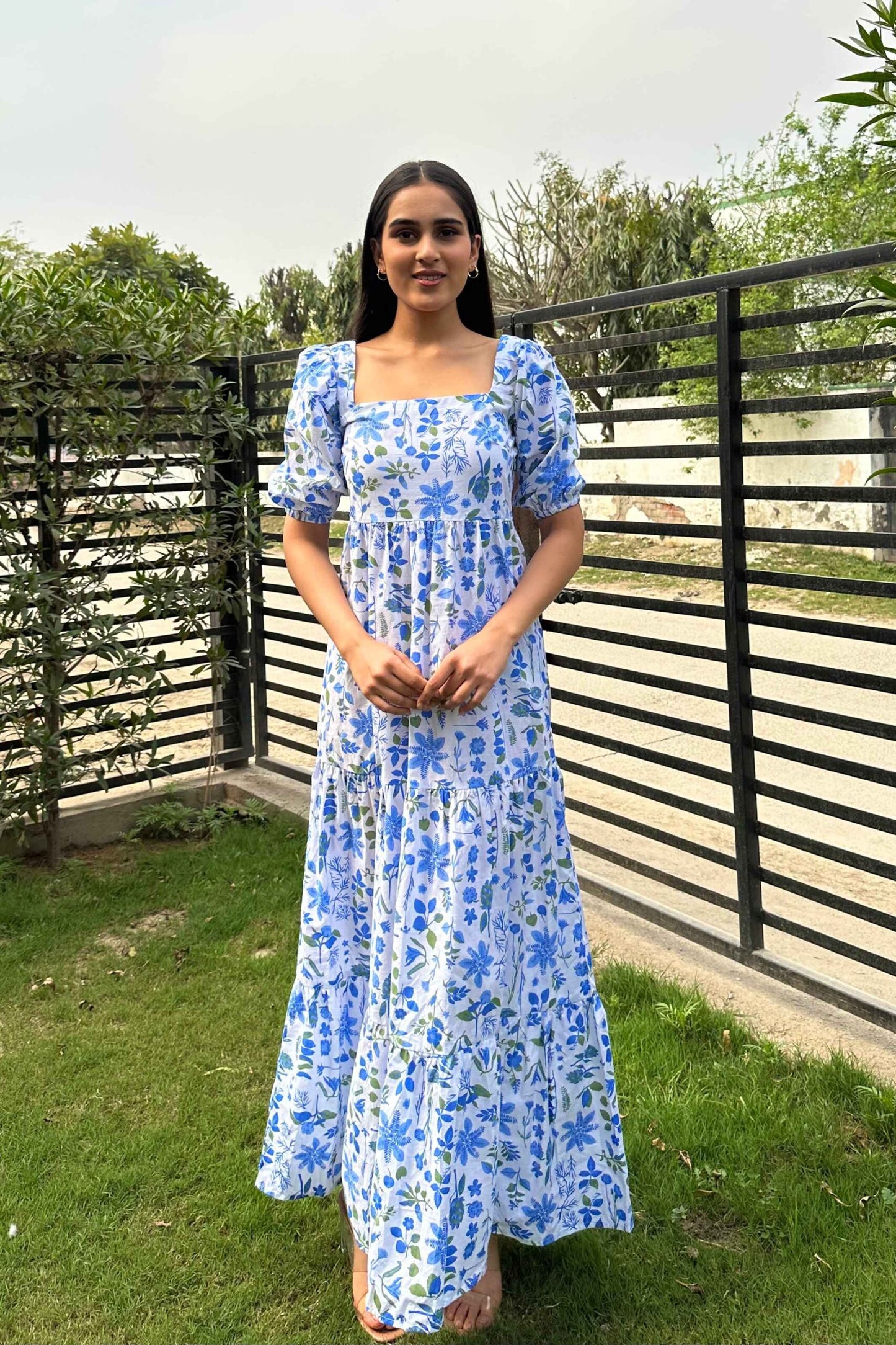 BLUE DAISY - Cotton Blue Print Flared Dress