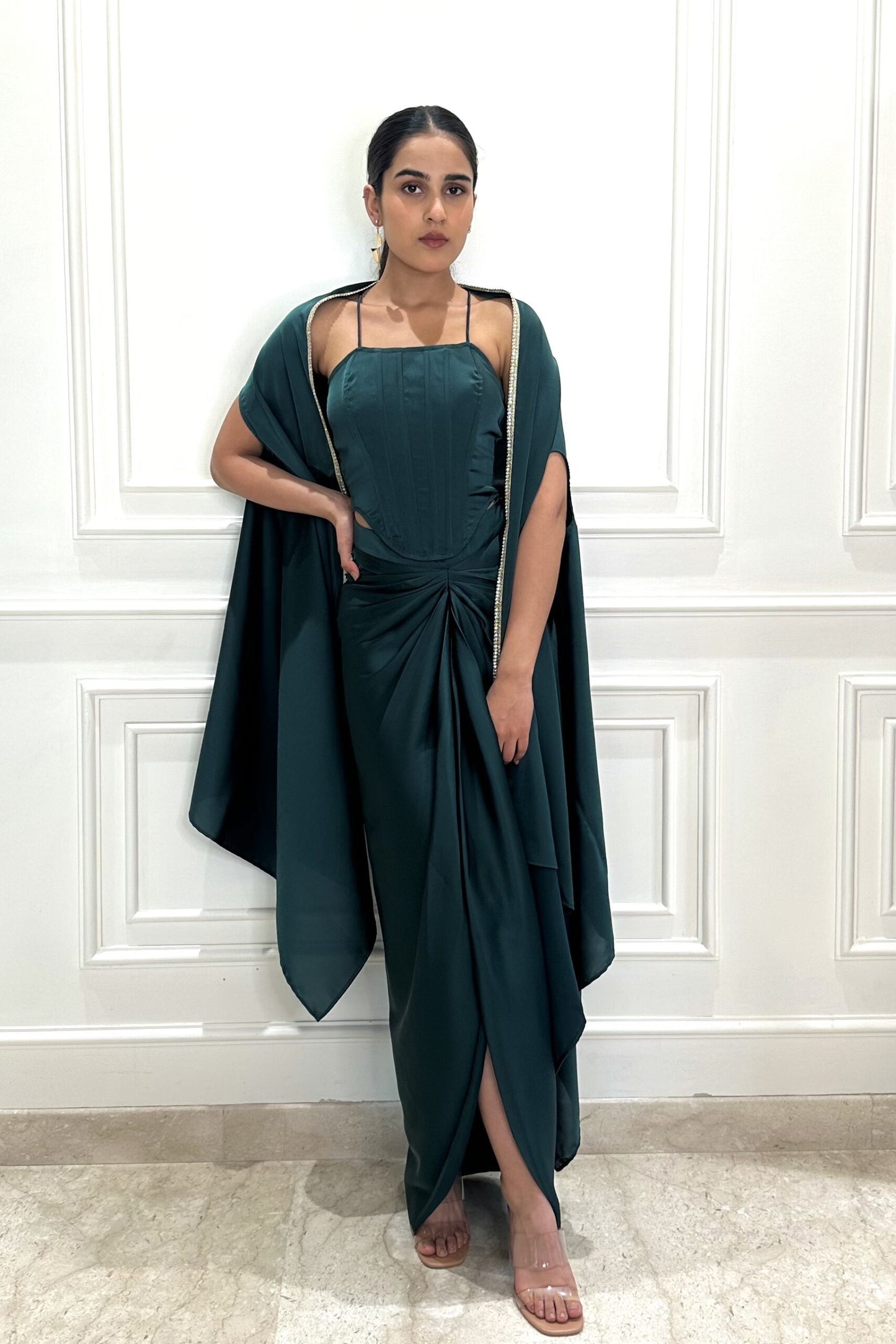 SHOW STOPPER – Corset top, draped skirt and a cape