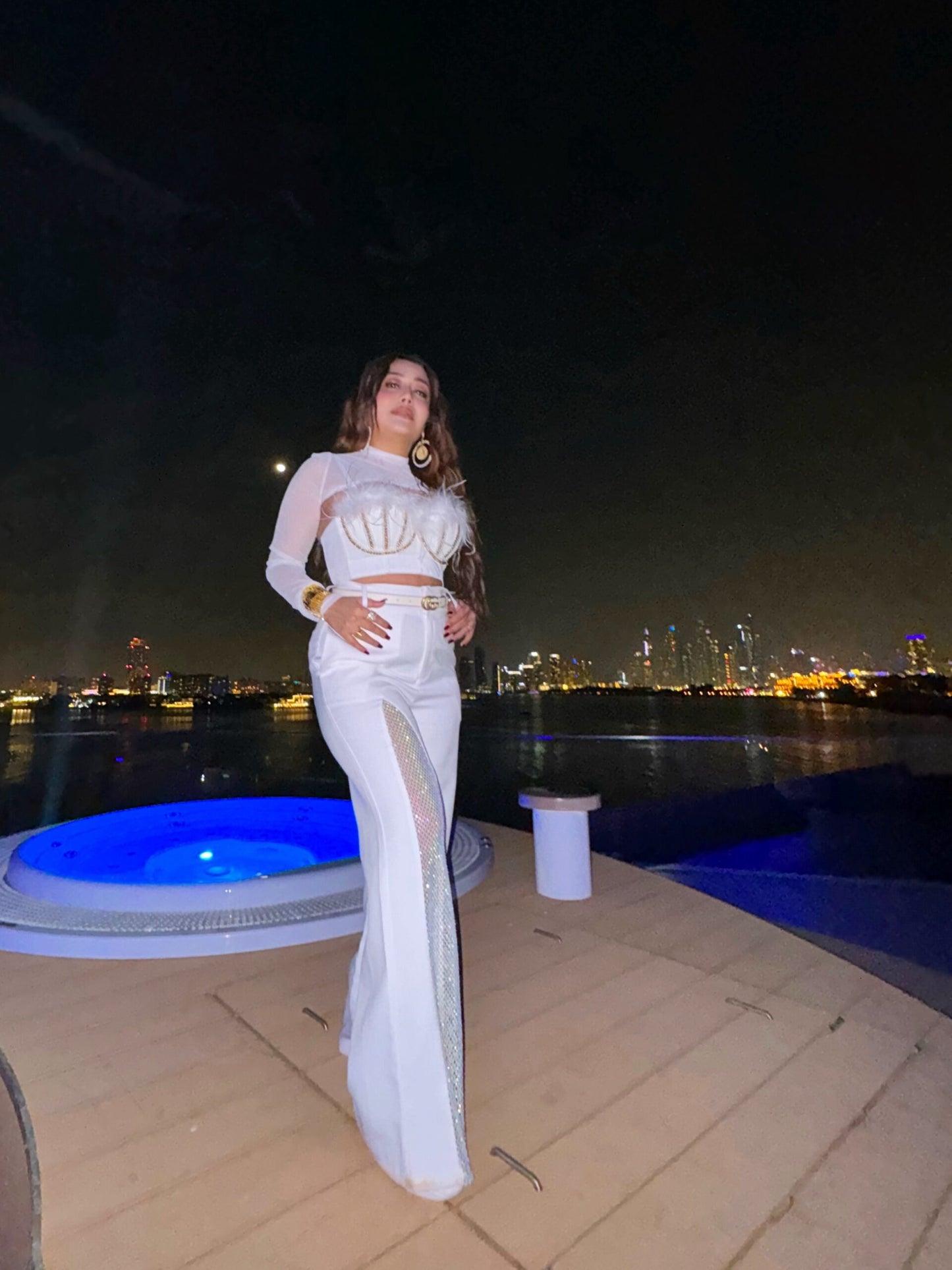 CRYSTAL LOVE - White Crystal Mesh Blazer with Pants and  a Bralette-style top