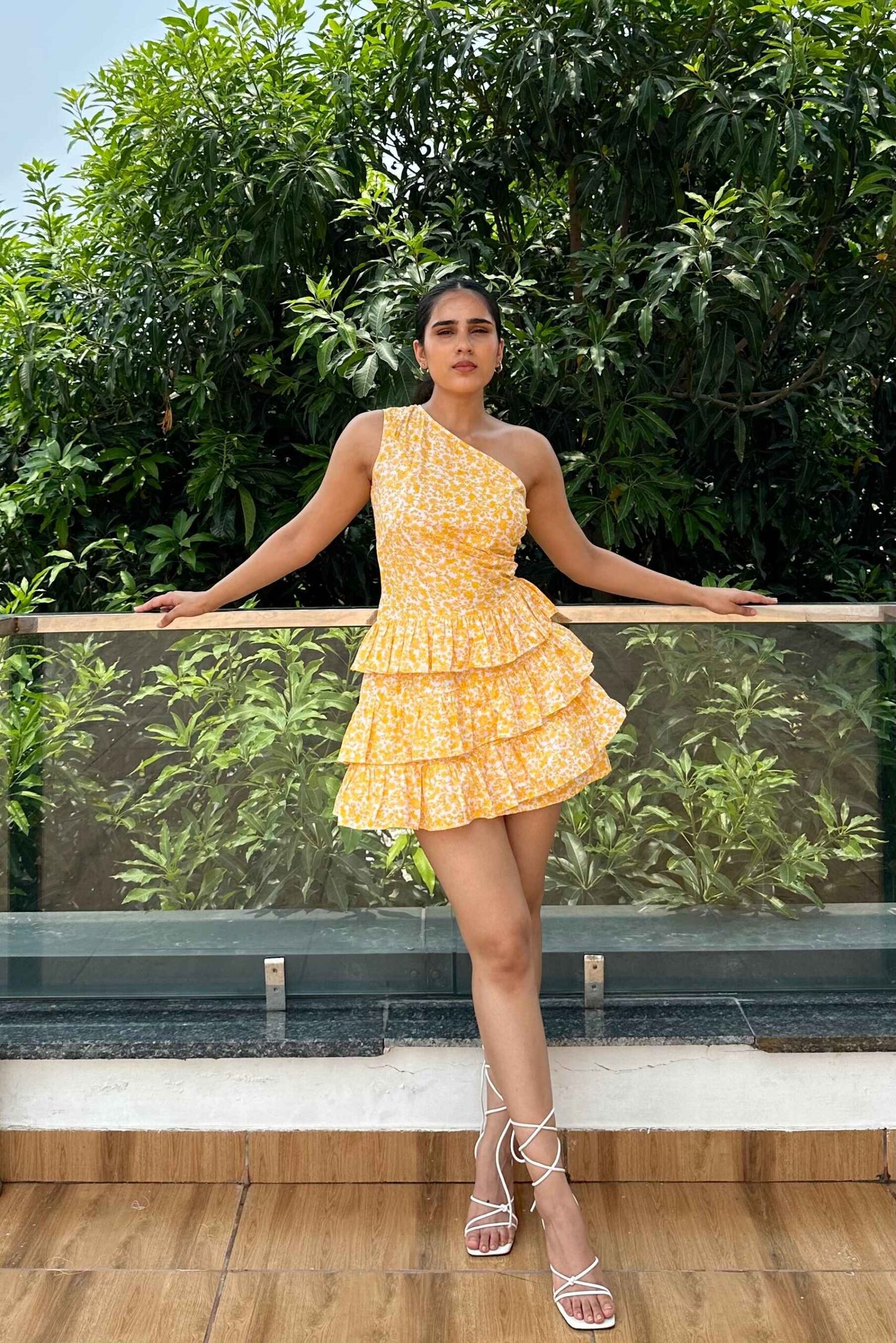 HANSEL - Cotton One shoulder Yellow print ruffle dress