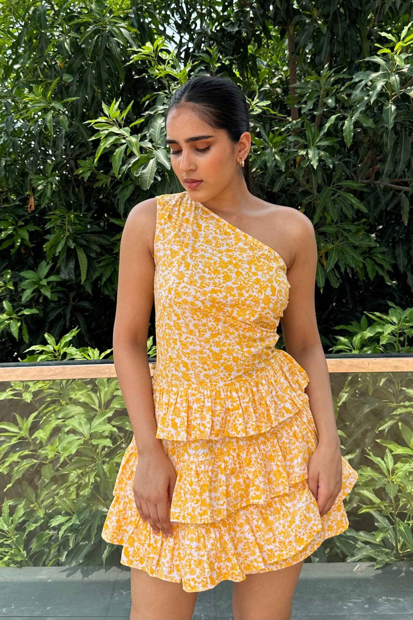 HANSEL - Cotton One shoulder Yellow print ruffle dress