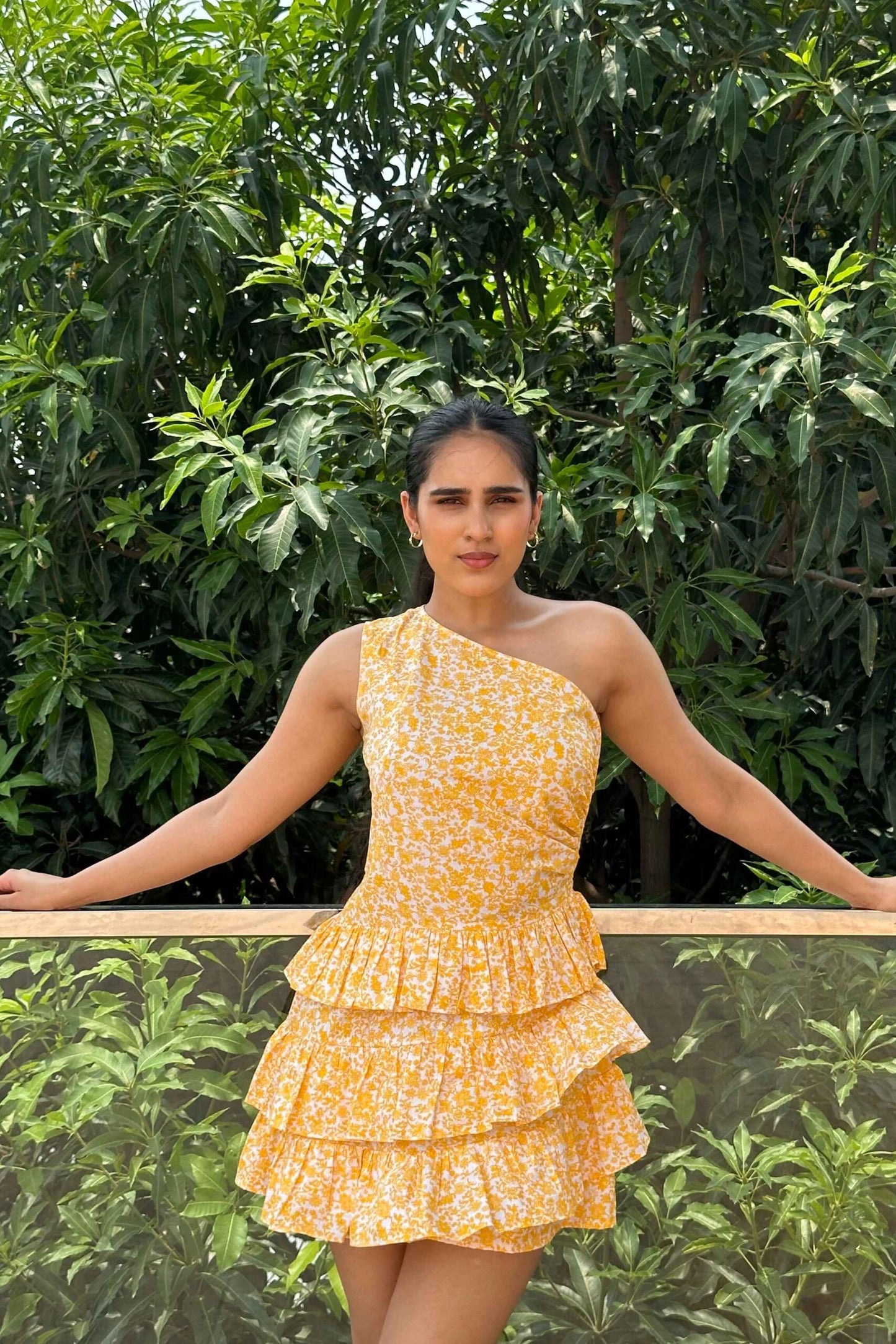 HANSEL - Cotton One shoulder Yellow print ruffle dress