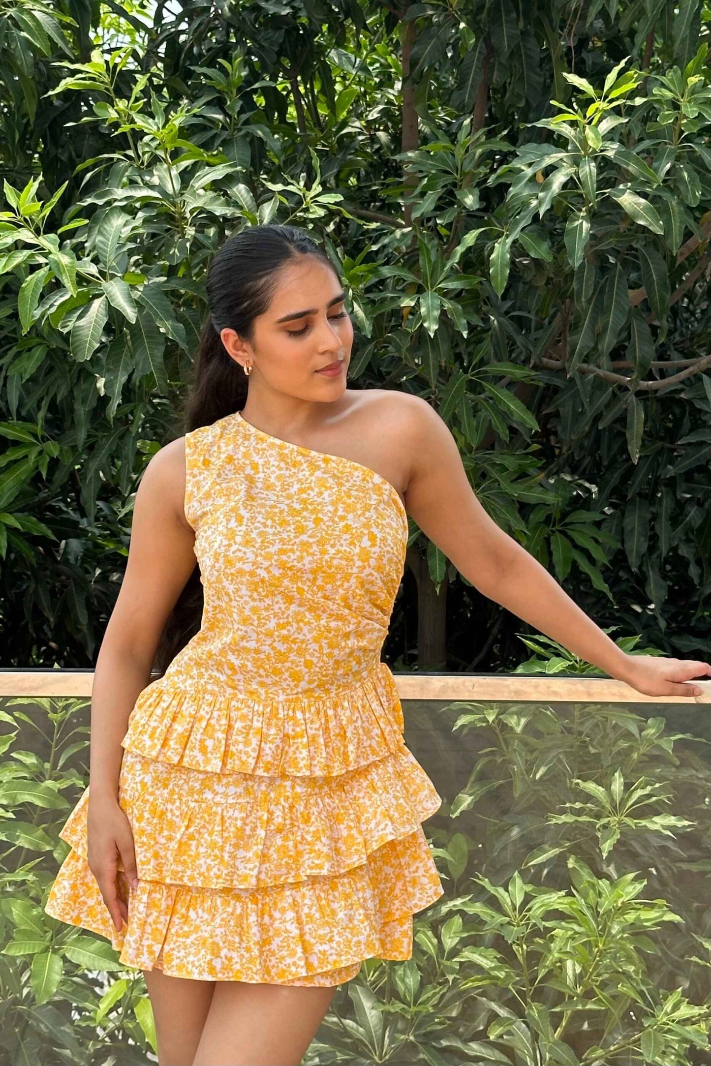 HANSEL - Cotton One shoulder Yellow print ruffle dress