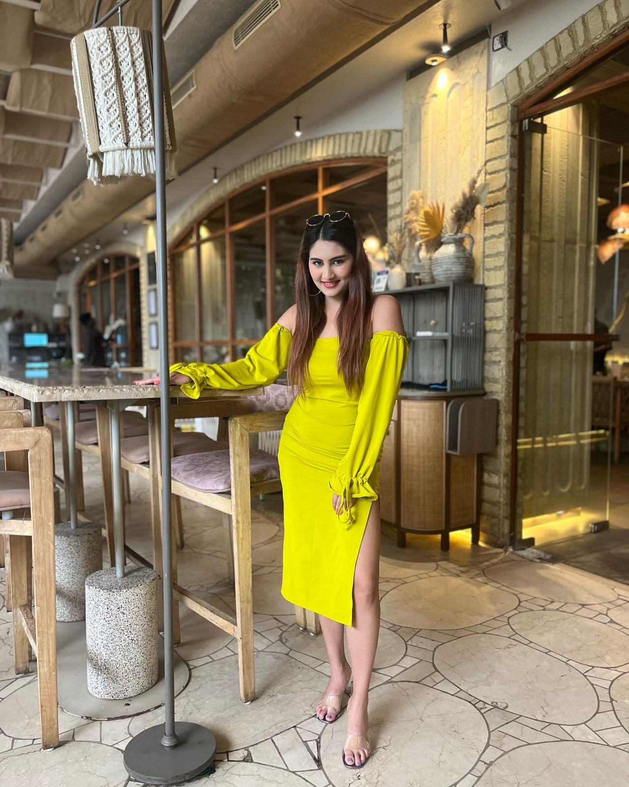 OBSESSED - Lime colour bodycon slit dress